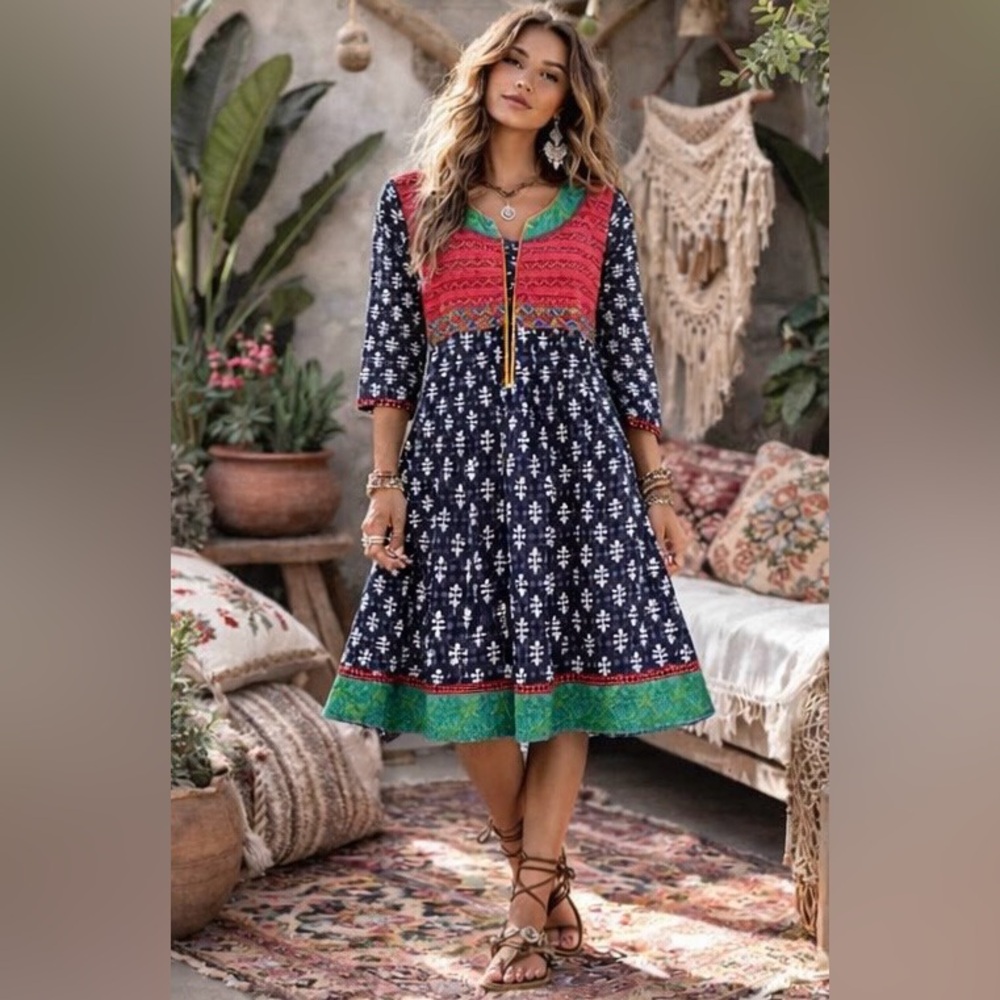 Vintage Handmade Boho Red,Navy Blue, Multi Colored Midi Dress with 3/4 Sleeves